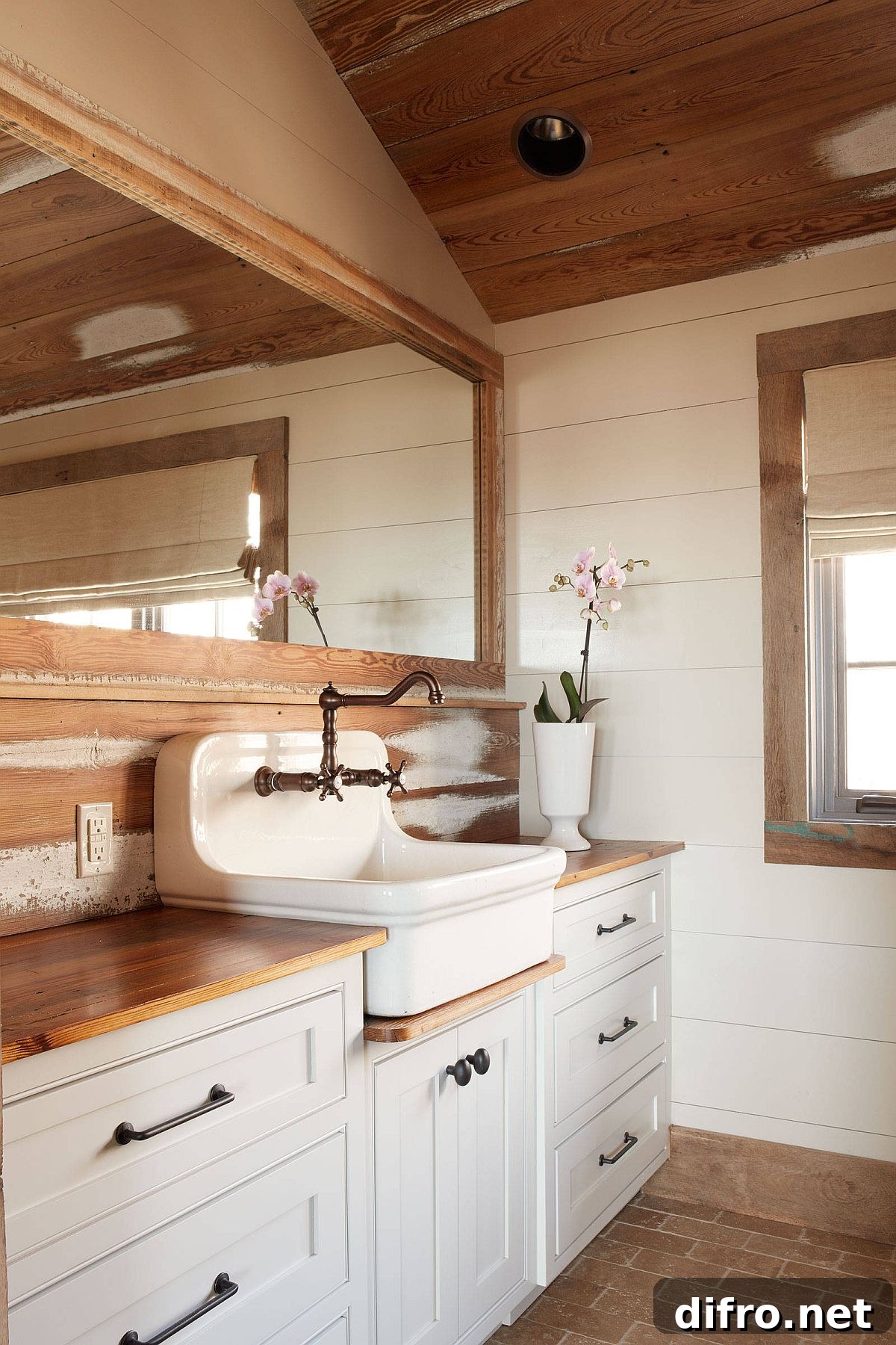 Rustic bathroom in white and wood feels cozy and inviting