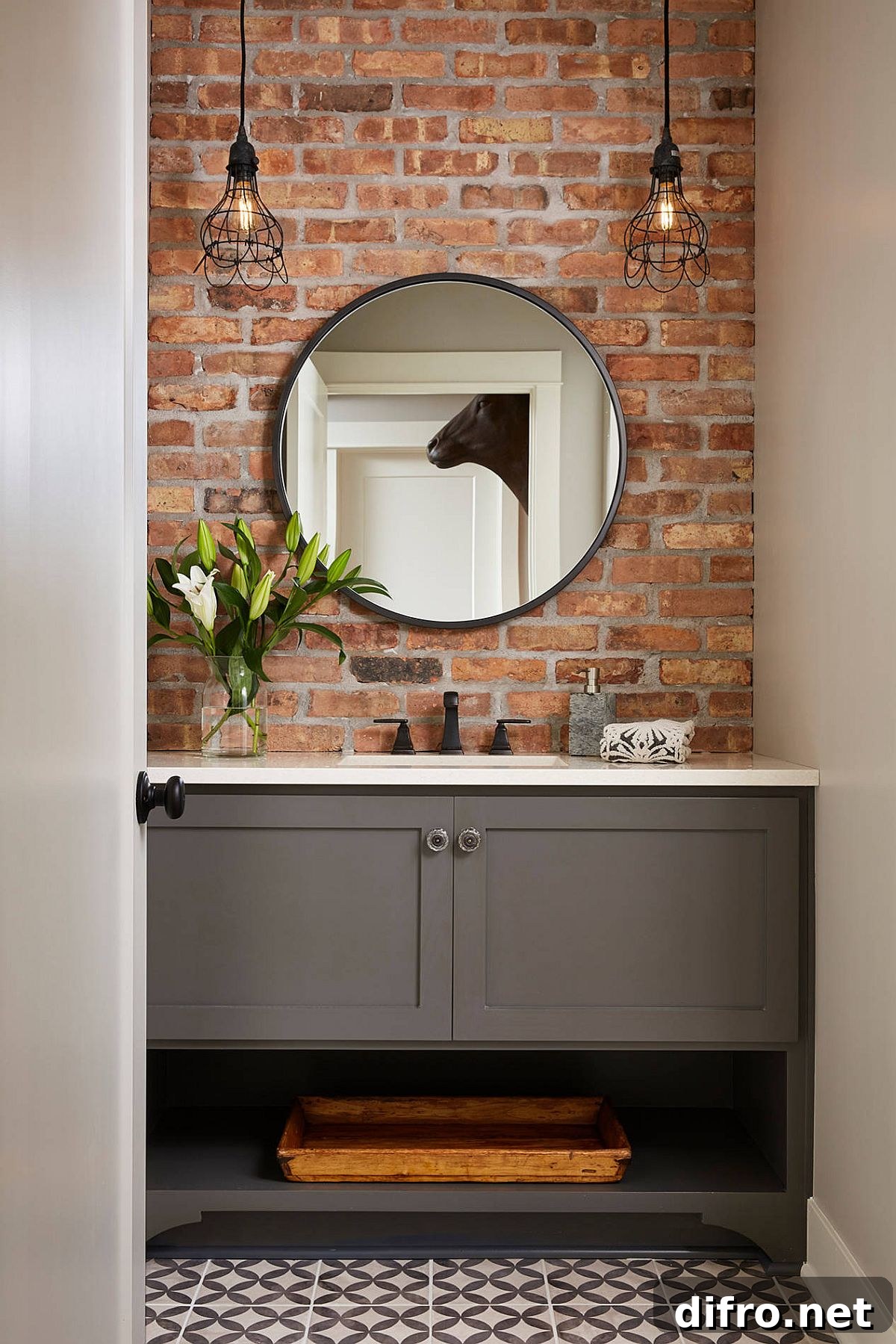 Brick, gray and white combined beautifully in the small modern bathroom