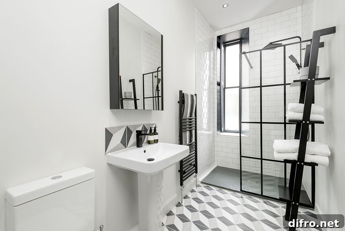 Gray and white bathroom can transition into a black and white bathroom with ease