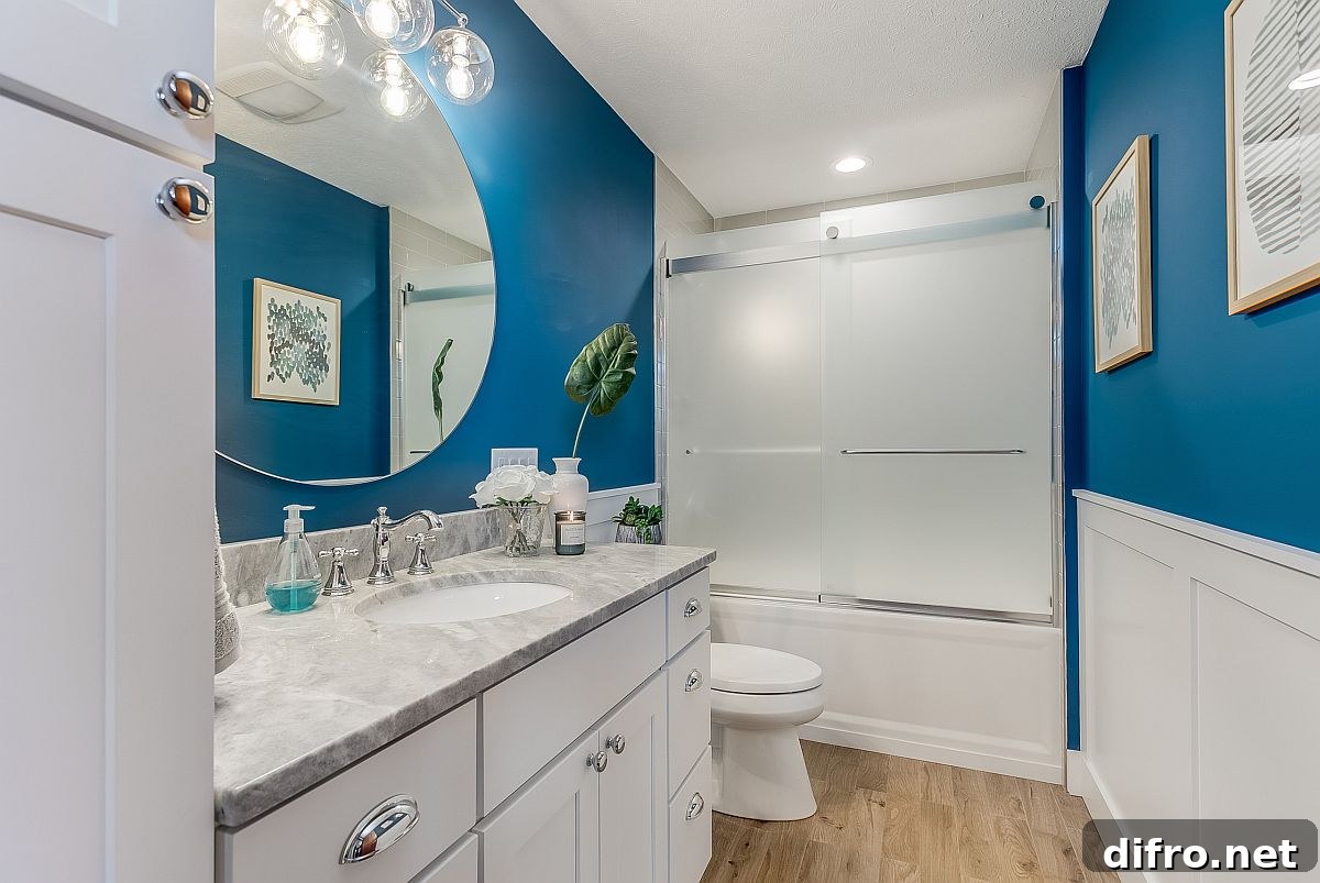 Walls add blue to the bathroom without going over the top