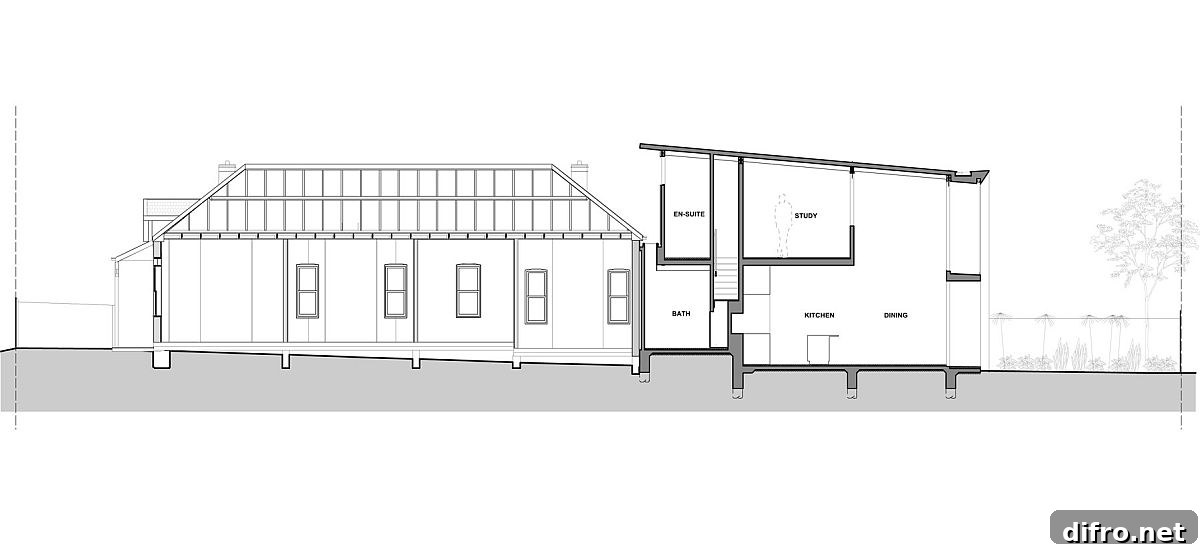 Design plan and sectional view of the Brick Aperture House in Sydney