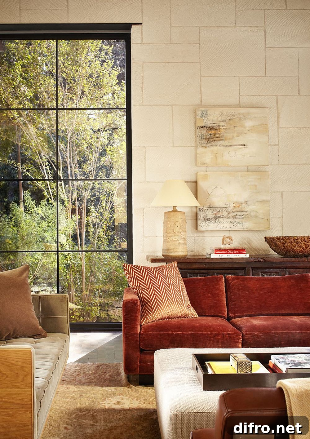Cozy living room with cream backdrop and colorful accents