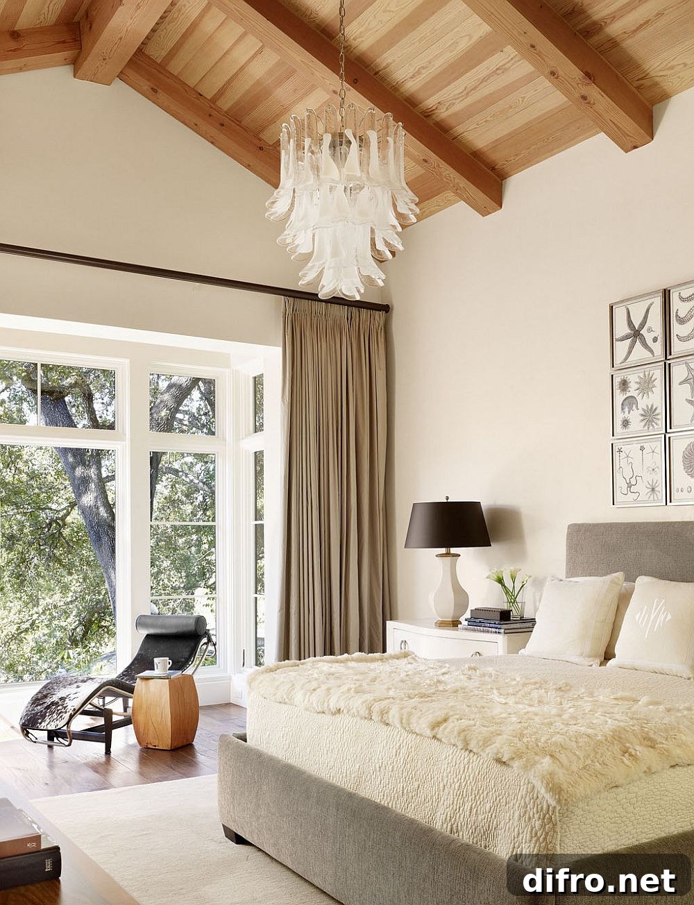 Bedroom with brown curtains framing the view