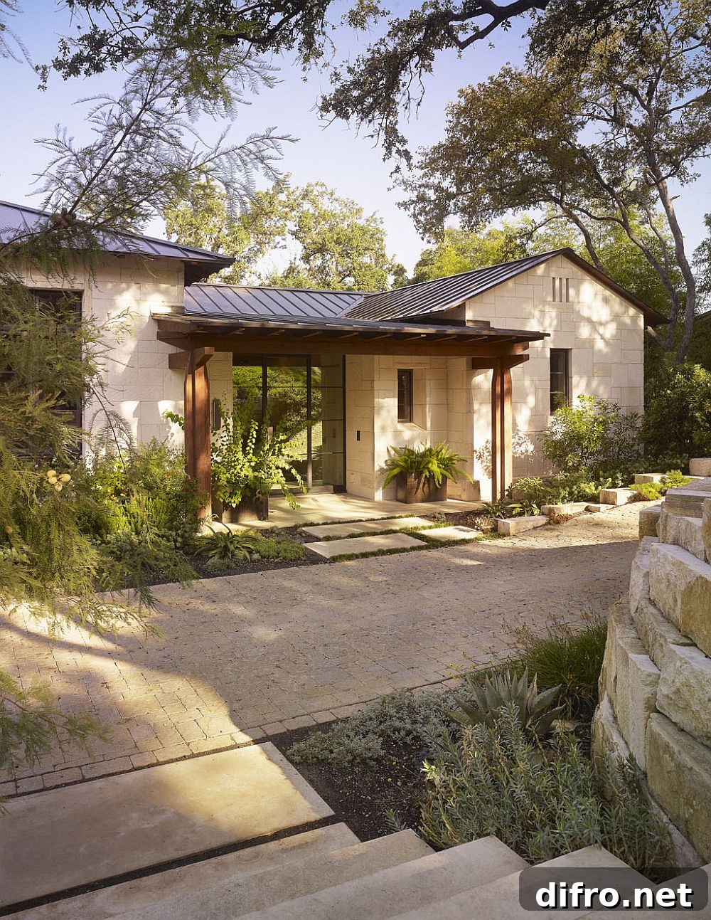 Exterior facade of Lake Austin home with modern-classic Texas style