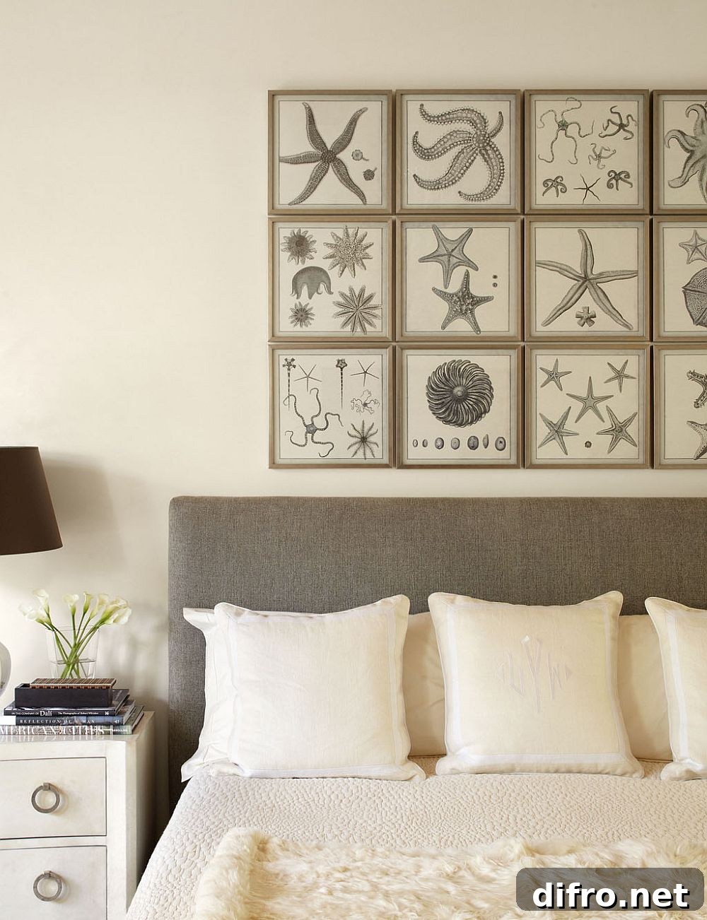 Modern white bedroom accented with framed natural prints