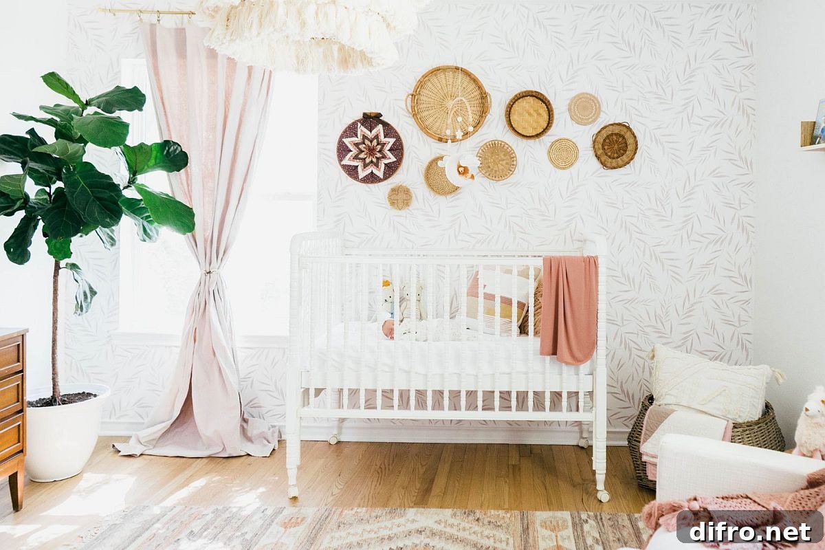 Bohemian-meets-farmhouse nursery with wallpaper and textures