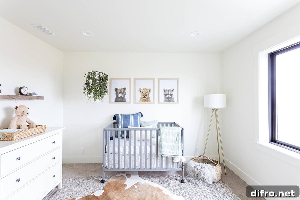 Chic farmhouse nursery with a predominance of white