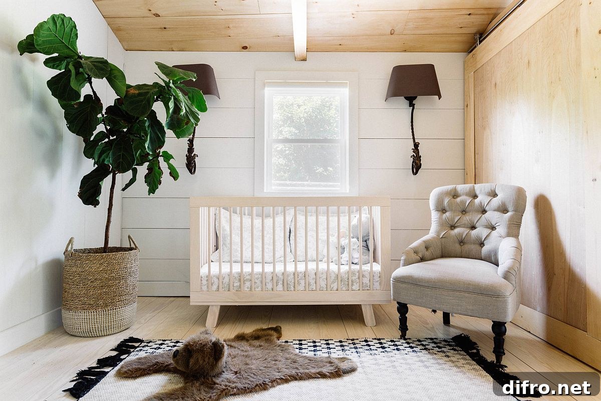 Gender-neutral white and wood nursery with greenery