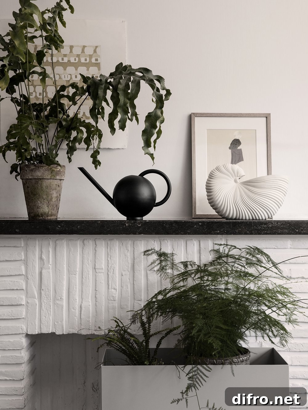 Vignette with plants and stoneware pot