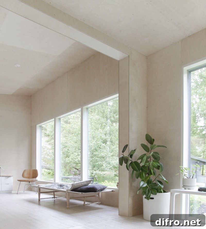 Minimalist cottage interior with textured throw