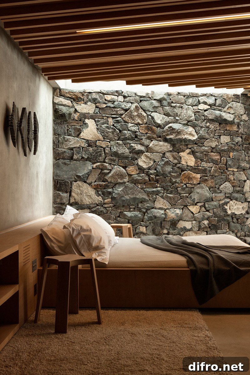 Stone wall in cottage bedroom
