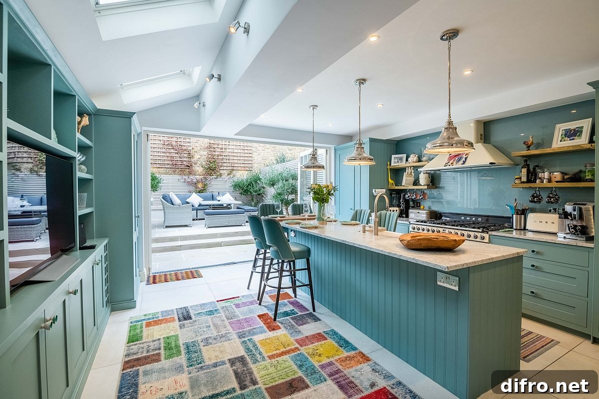 Blue kitchen linking to backyard