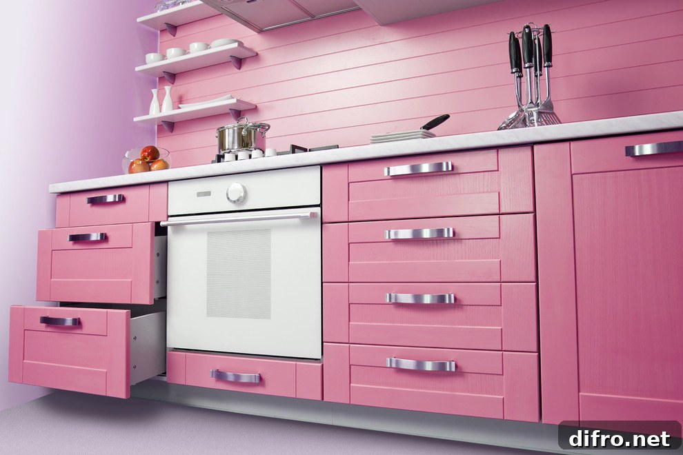 Pink accents glam up the kitchen