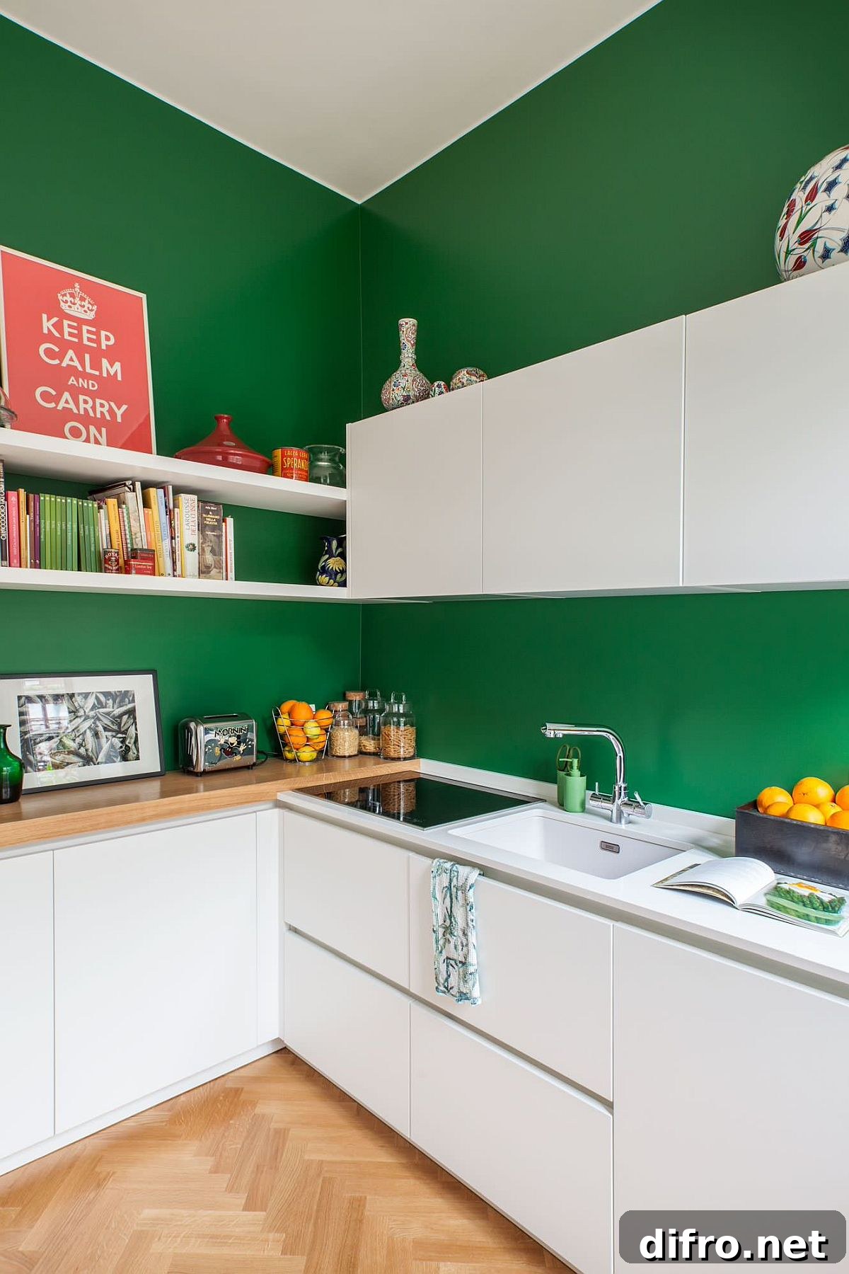 Dark green walls in a Scandinavian kitchen
