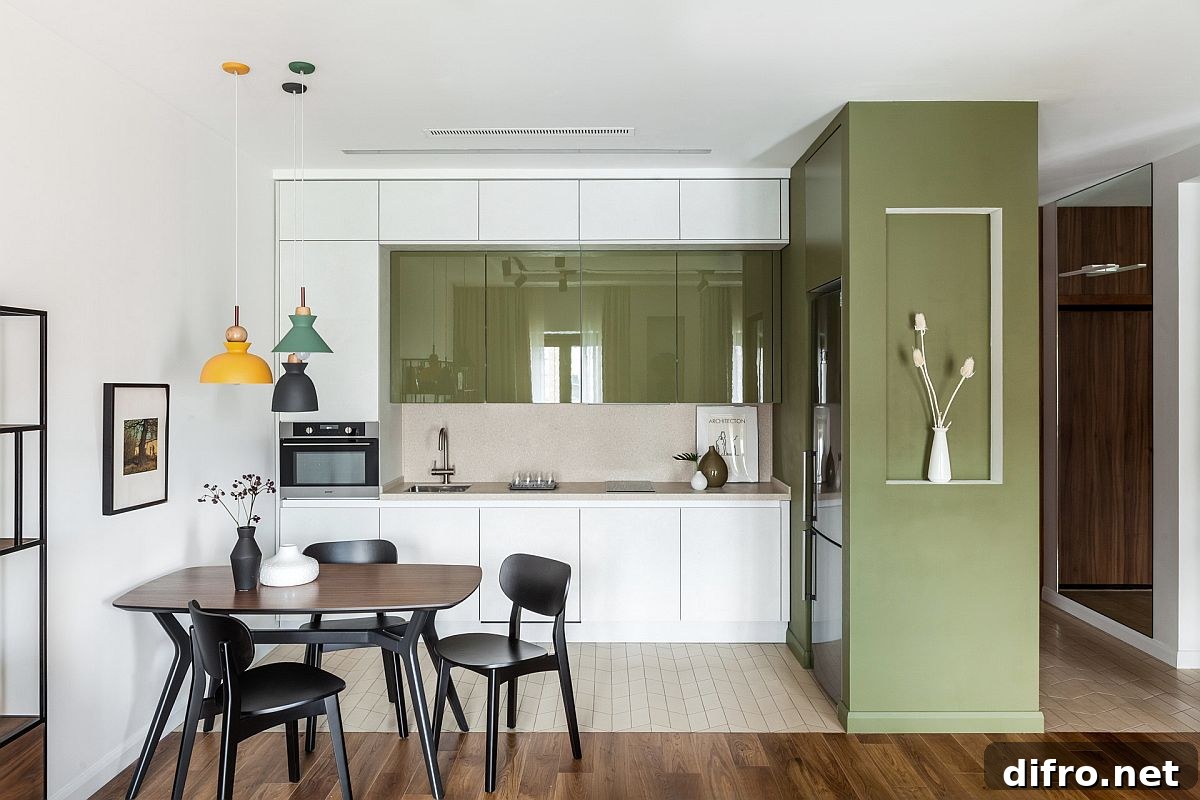 Apartment kitchen with white and green color scheme