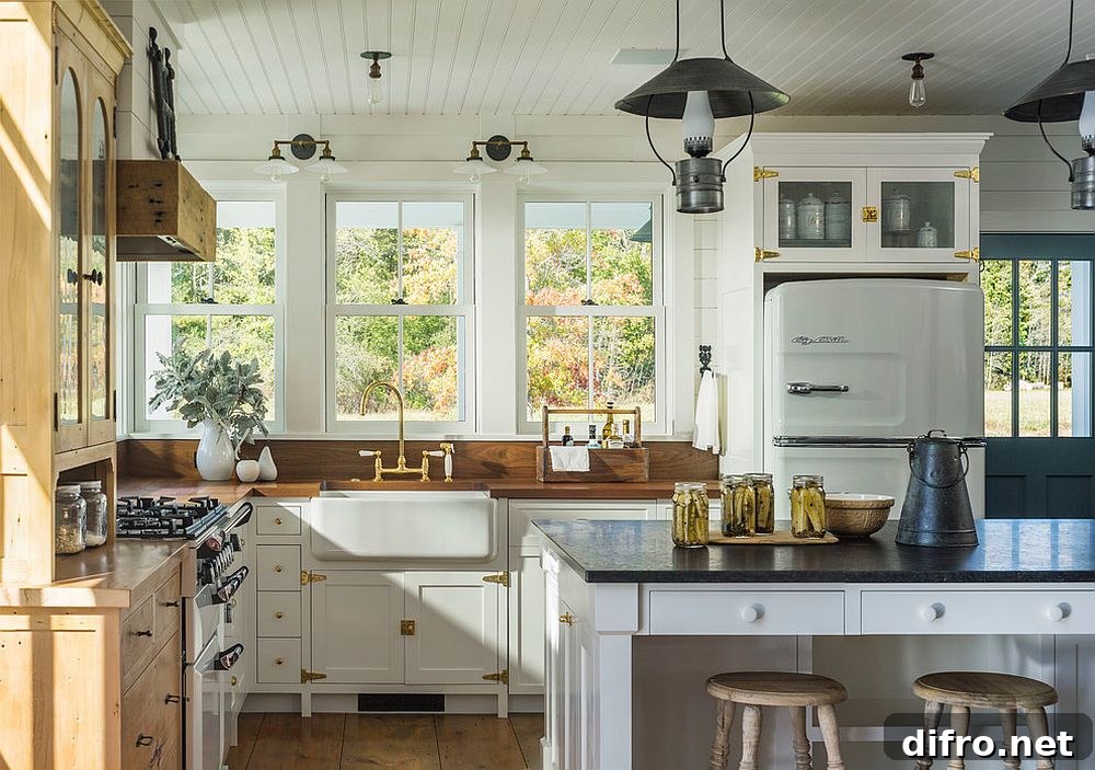 Brass fixtures in wood and white kitchen