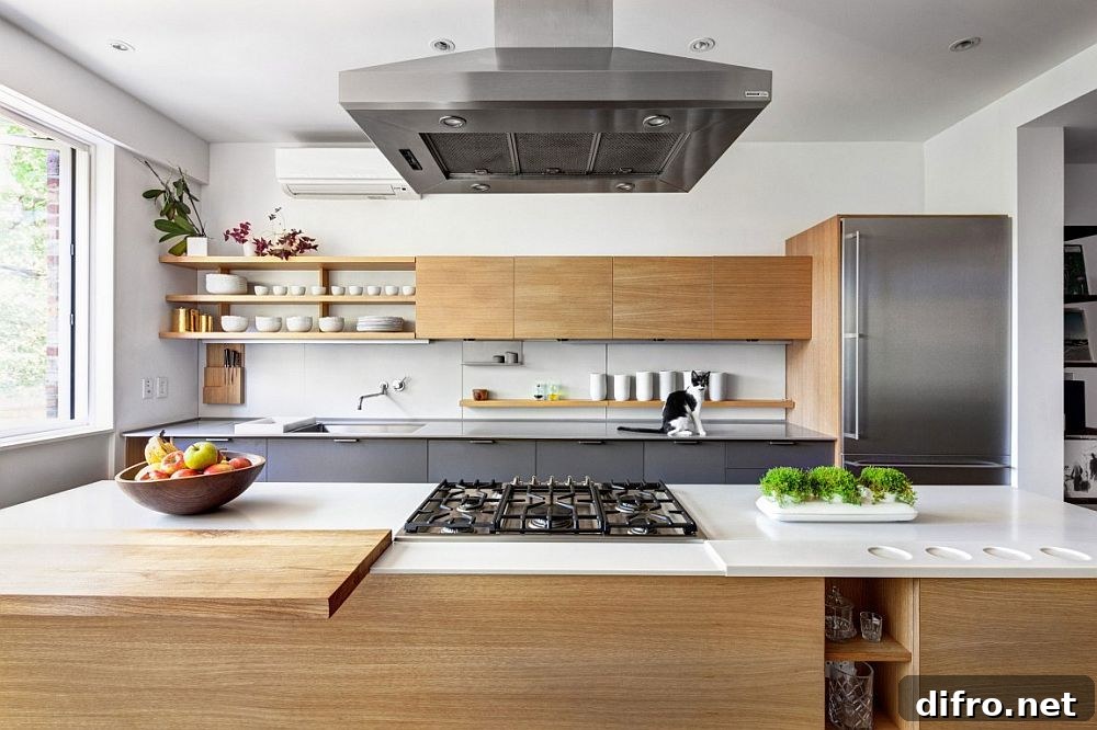 Gray combined with wood and white in a modern kitchen