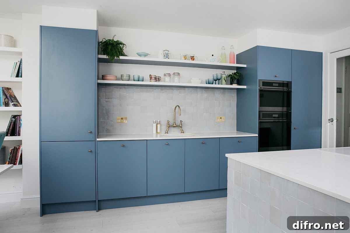 White kitchen with light blue accents