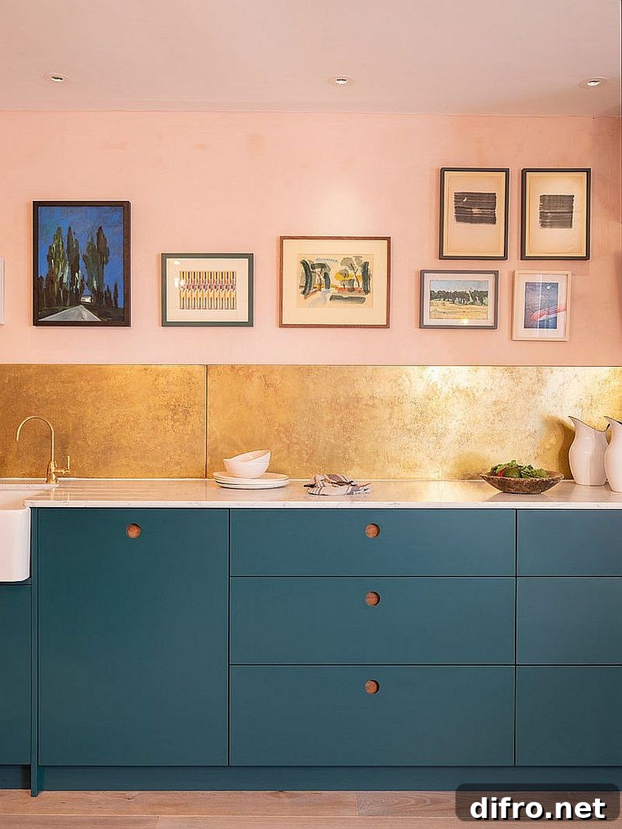 Lighter pink shades combined with blue in kitchen
