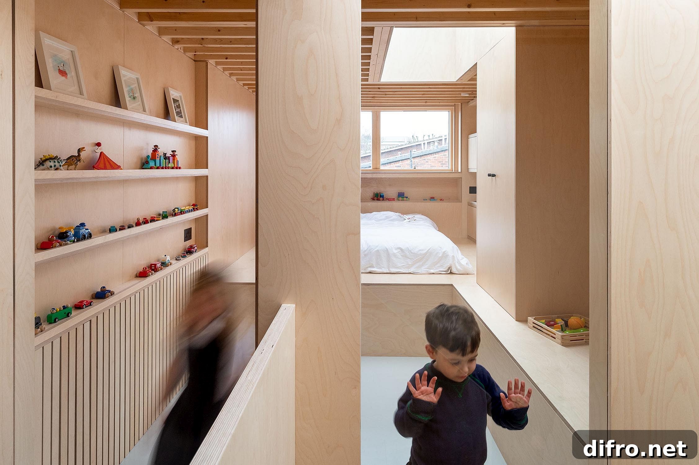Loft-level kids bedroom where the loft floor forms the ceiling of the room below