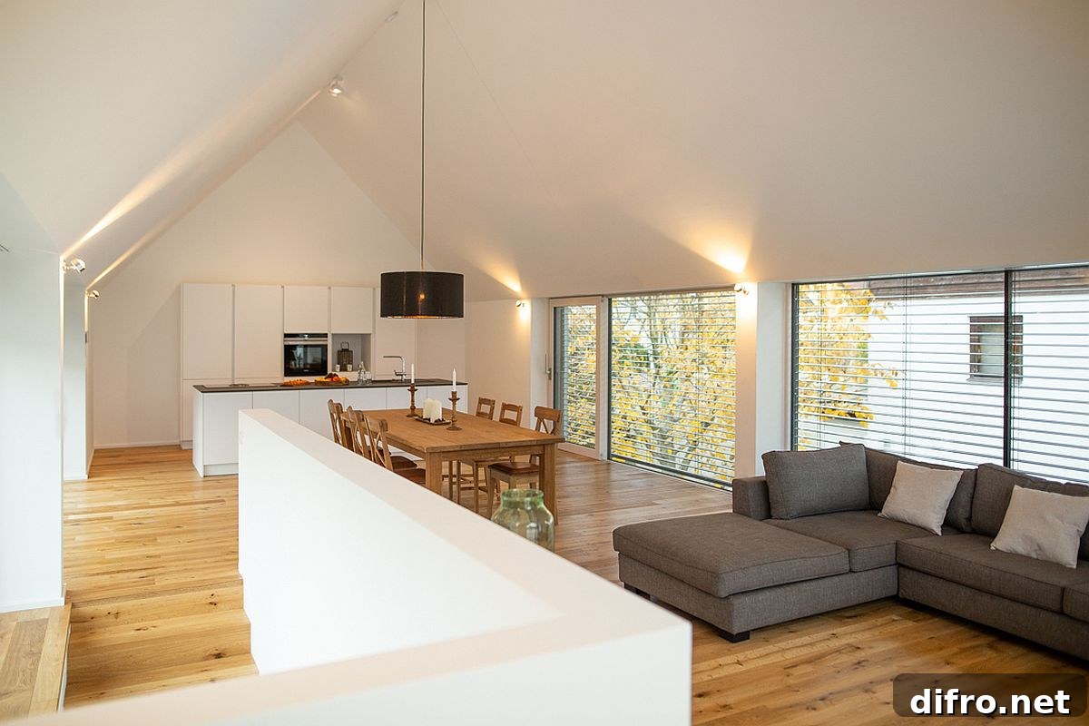 Spacious living area with large gray sectional, wooden floor and white walls