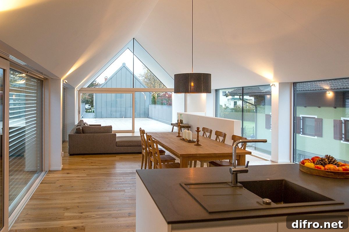 Open-plan living, dining and kitchen on the upper level