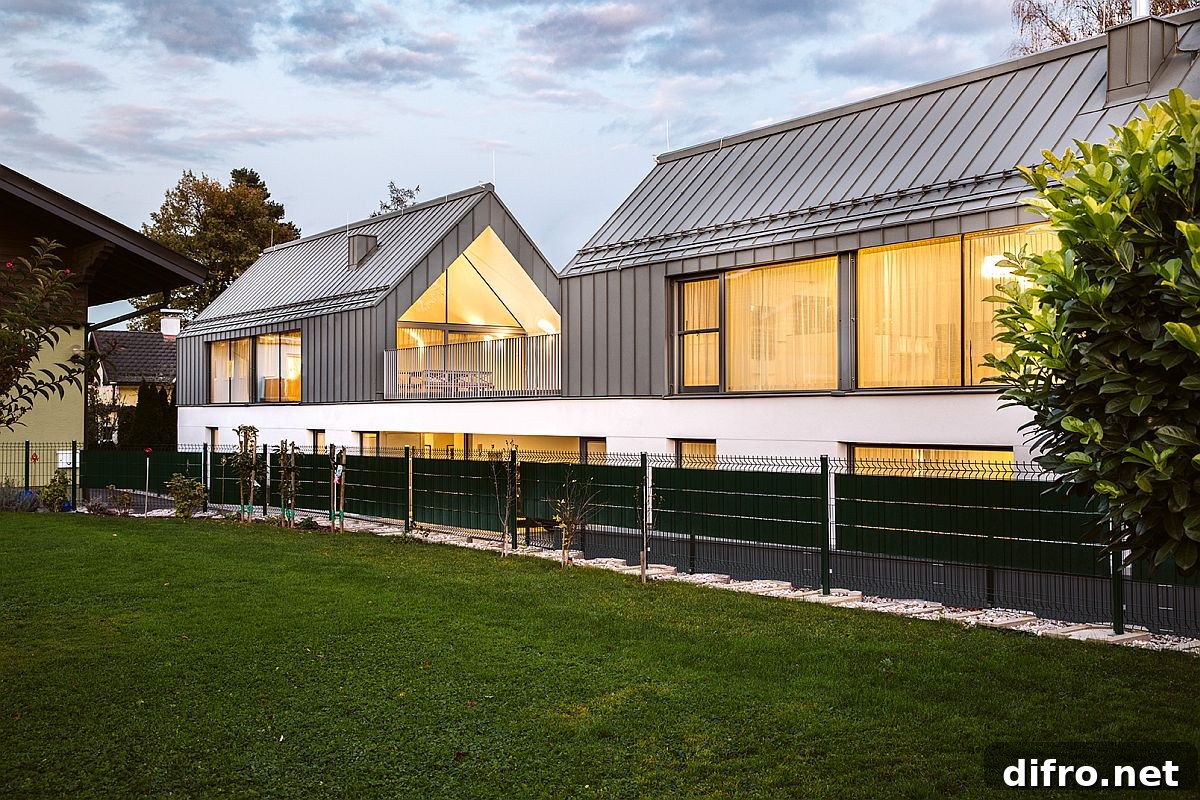 Warm evening lighting on the house exterior