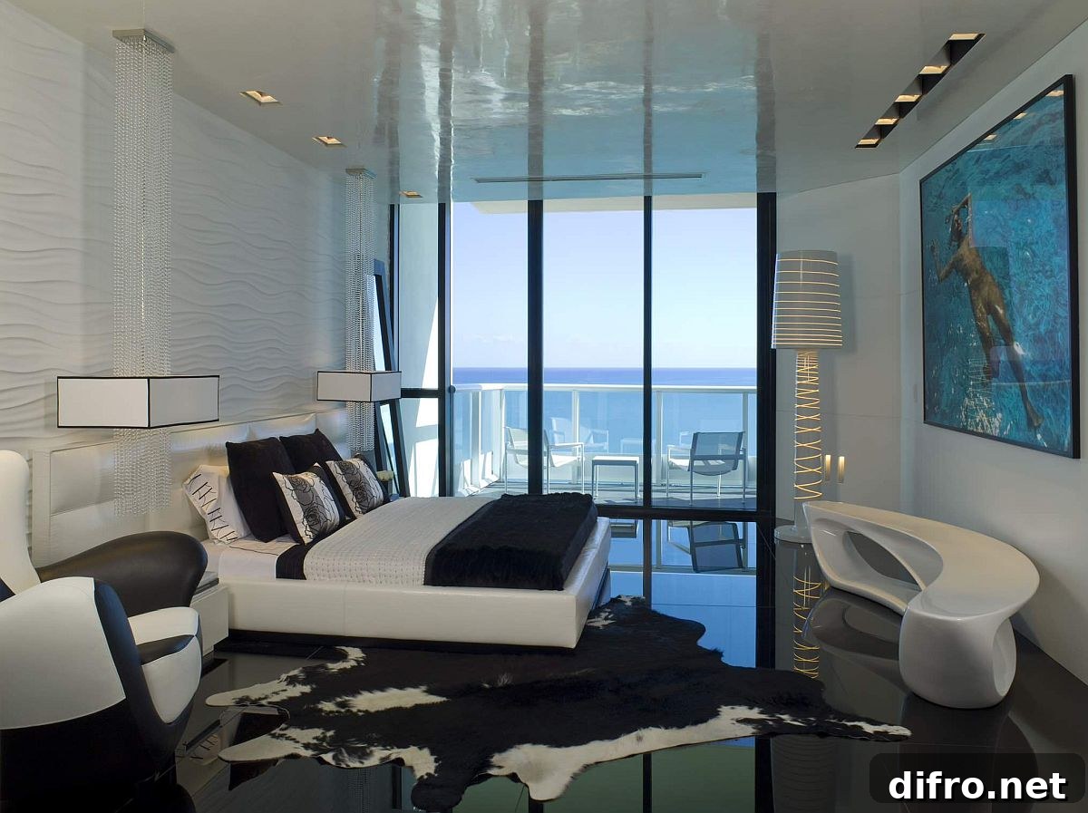 Polished black floor for the contemporary bedroom in white