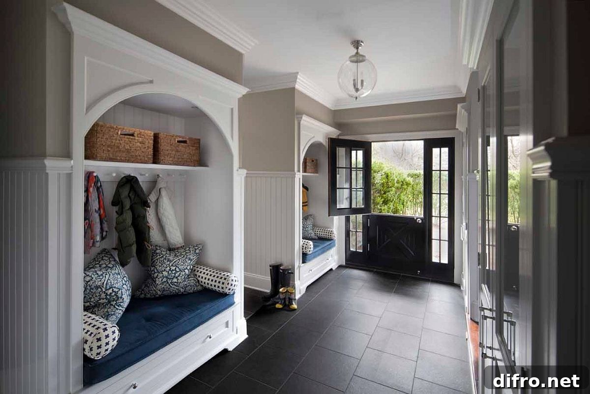Modern entry with slate floor balancing white and black