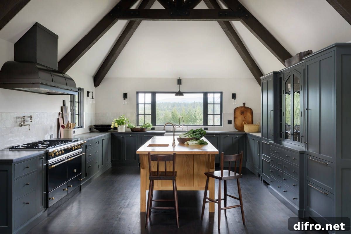 Modern Mediterranean kitchen in black and white with dark floor