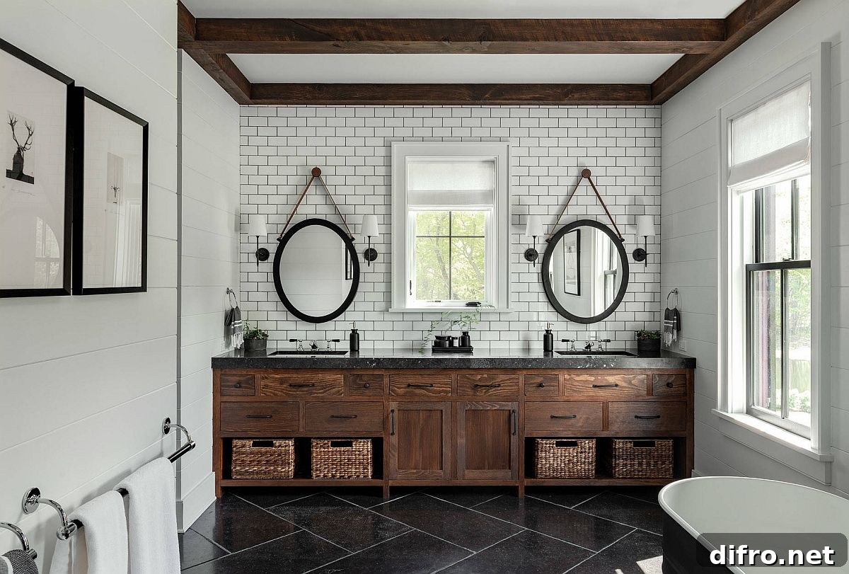 Farmhouse bathroom in white and wood with dark floor