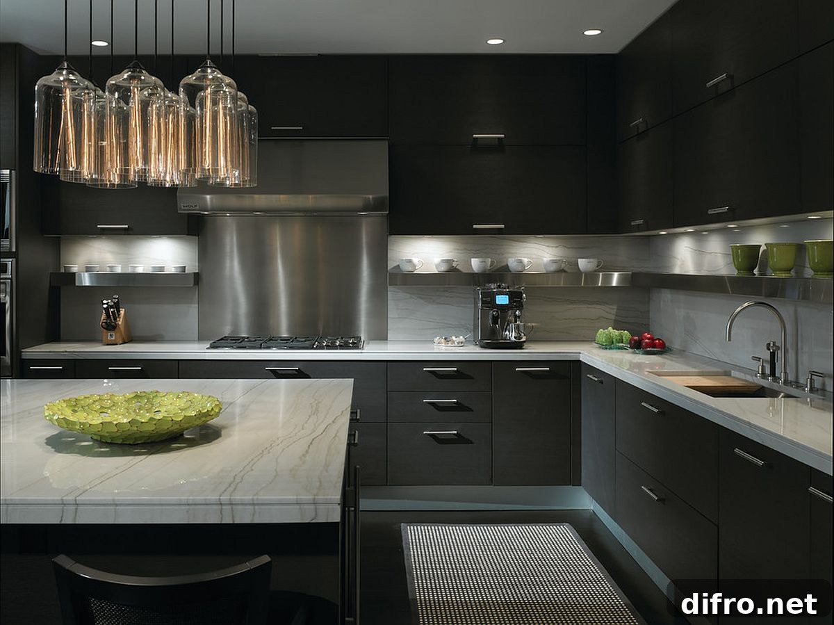 Contemporary kitchen in dark grays and black