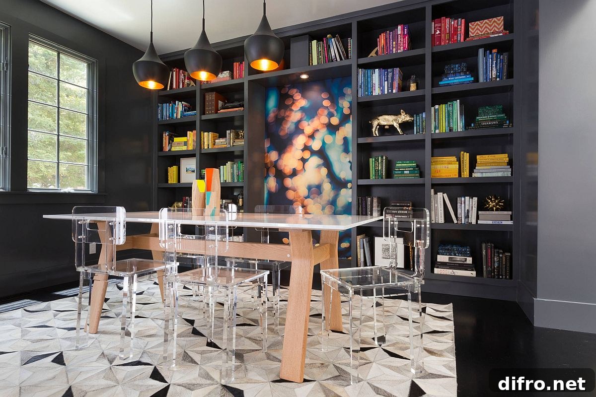 Colorful modern dining room with acrylic chairs, Tom Dixon pendants and a glossy black floor