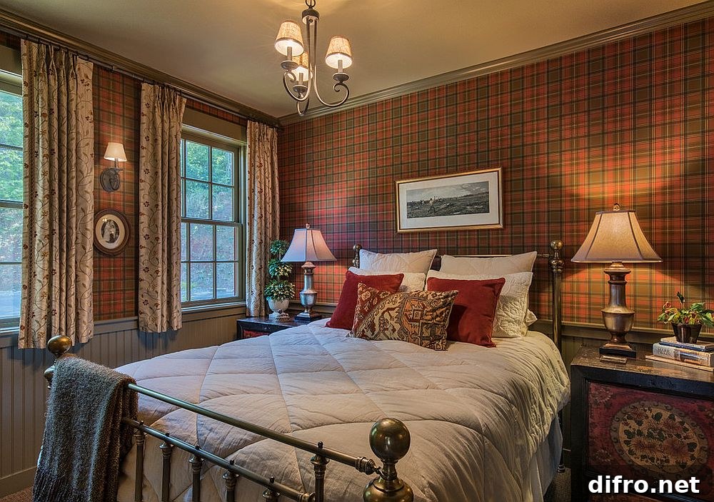Bedroom with plaid walls and rustic decor