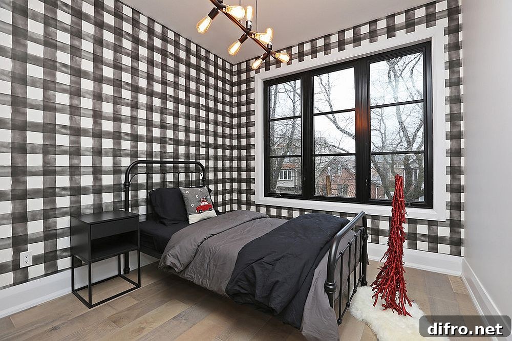 Small modern rustic bedroom with checkered wallpaper