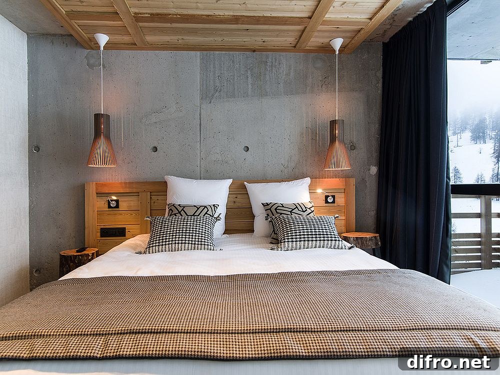 Minimal rustic bedroom with patterned accent pillows