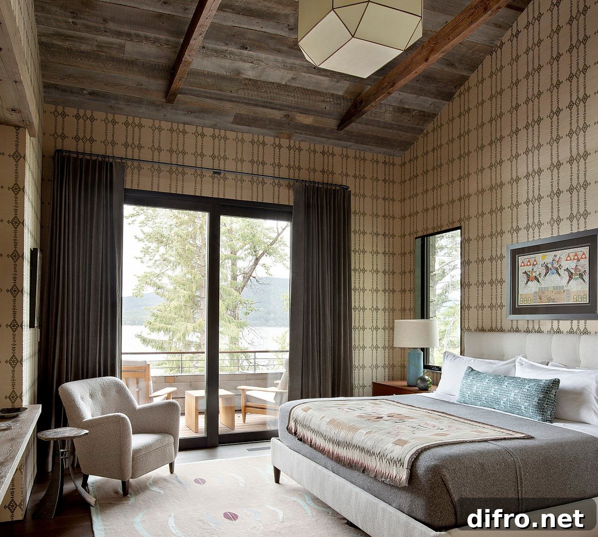 Spacious rustic bedroom with reclaimed wood and wallpaper