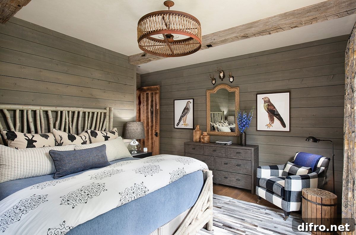 Rustic bedroom with accent chair, bedding and framed art