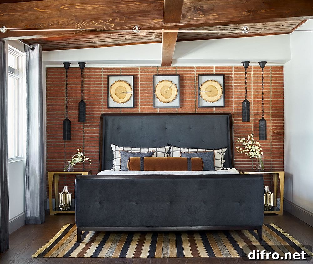 Rustic chic bedroom blending different patterns