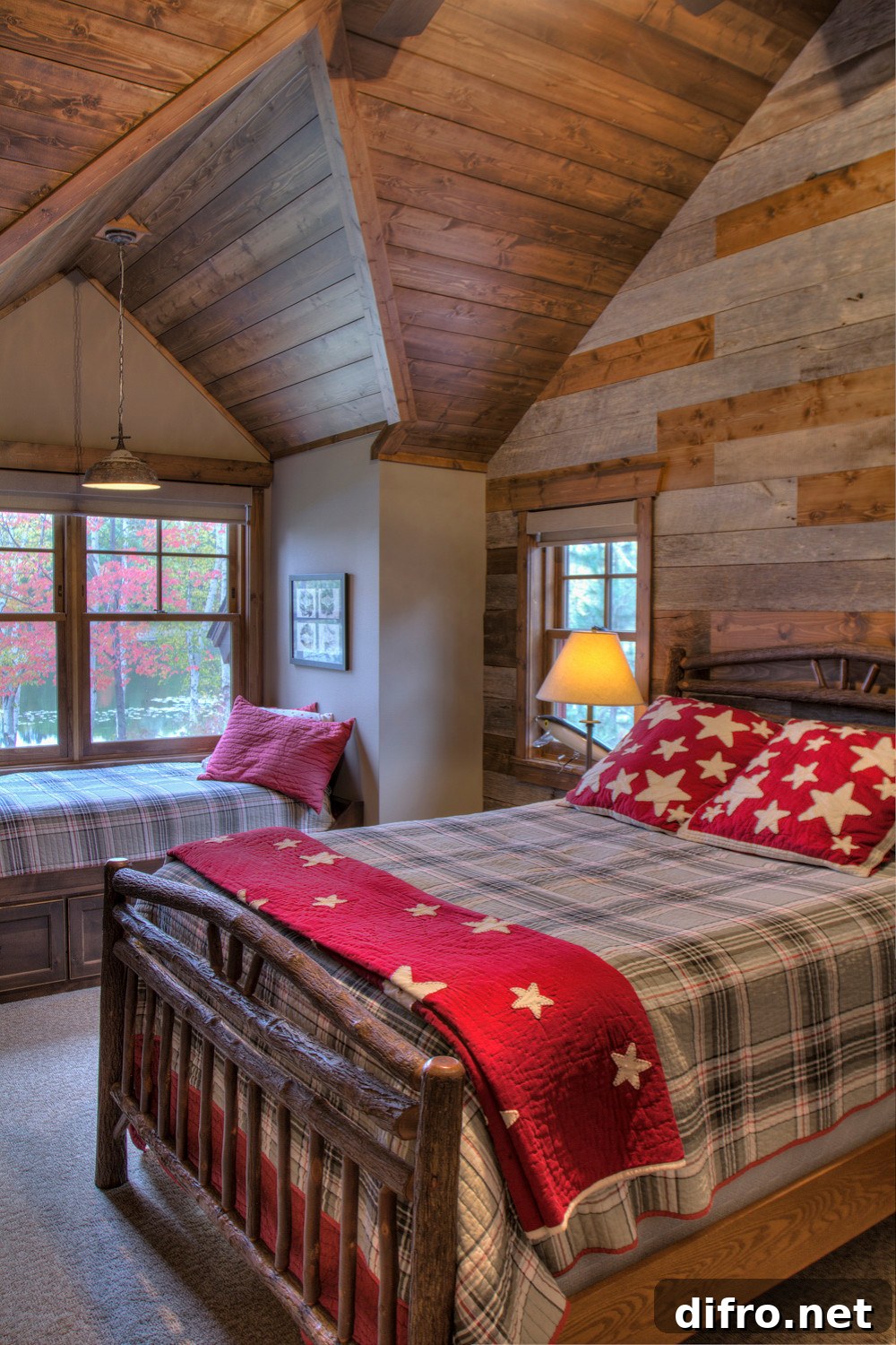 Cabin-style bedroom with colorful patterned bedding
