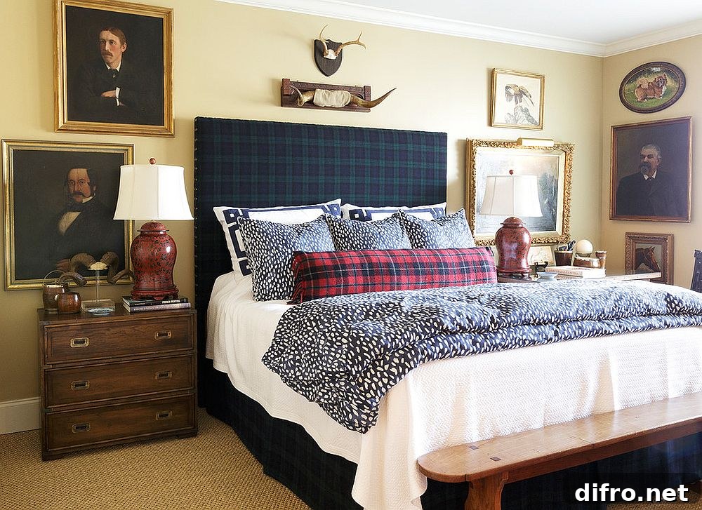 Victorian-rustic bedroom with patterned headboard and pillows