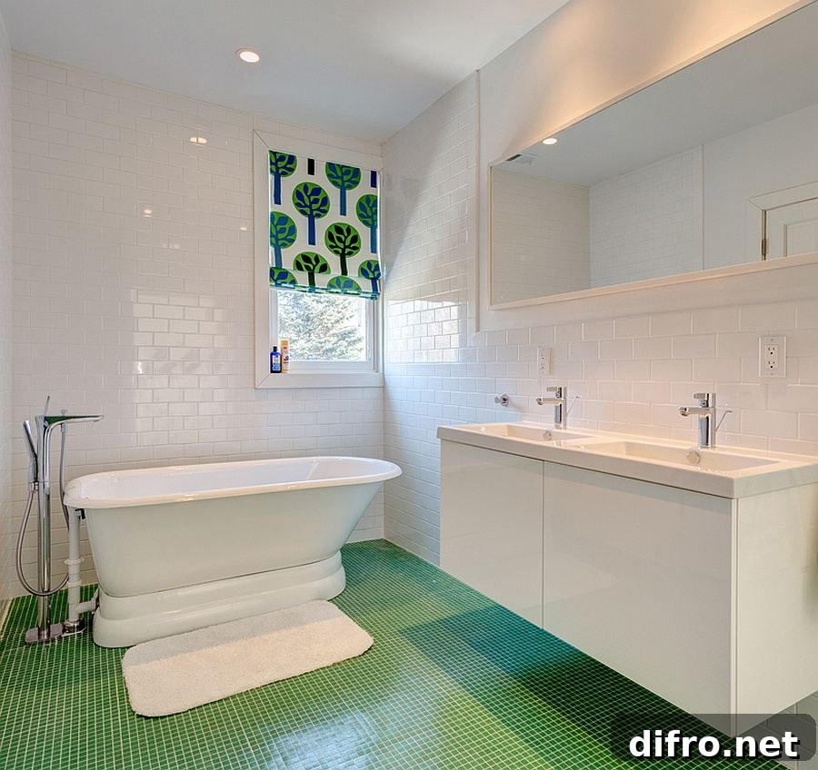 White bathroom with green tiled floor