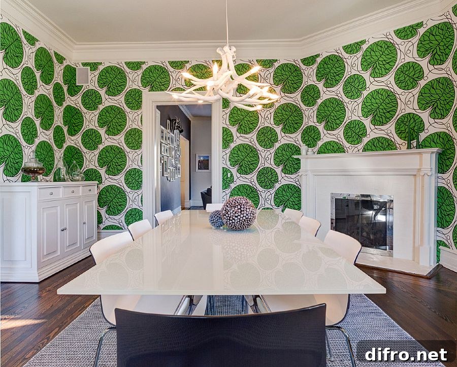 Dining room with standout wallpaper