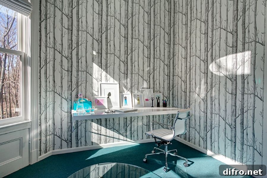 Home office with patterned wallpaper