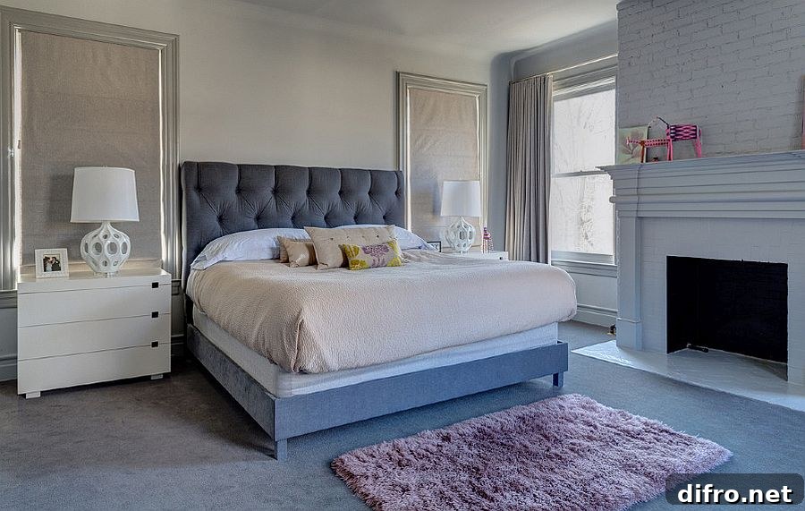Bedroom in blue, gray and white