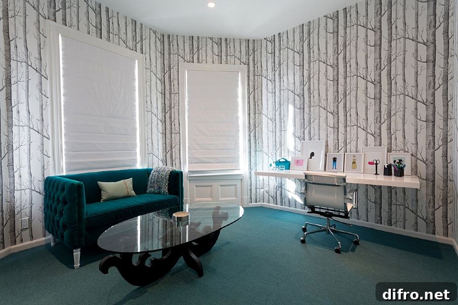 Curated home office in blue and white