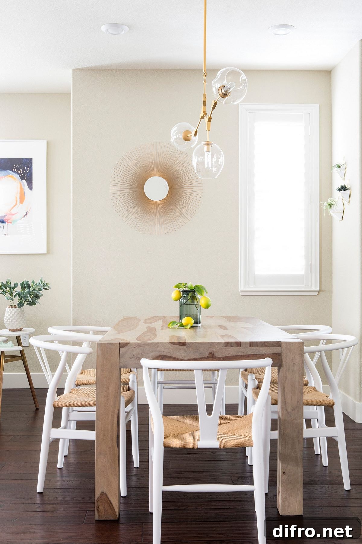 Beach-style dining with beige walls