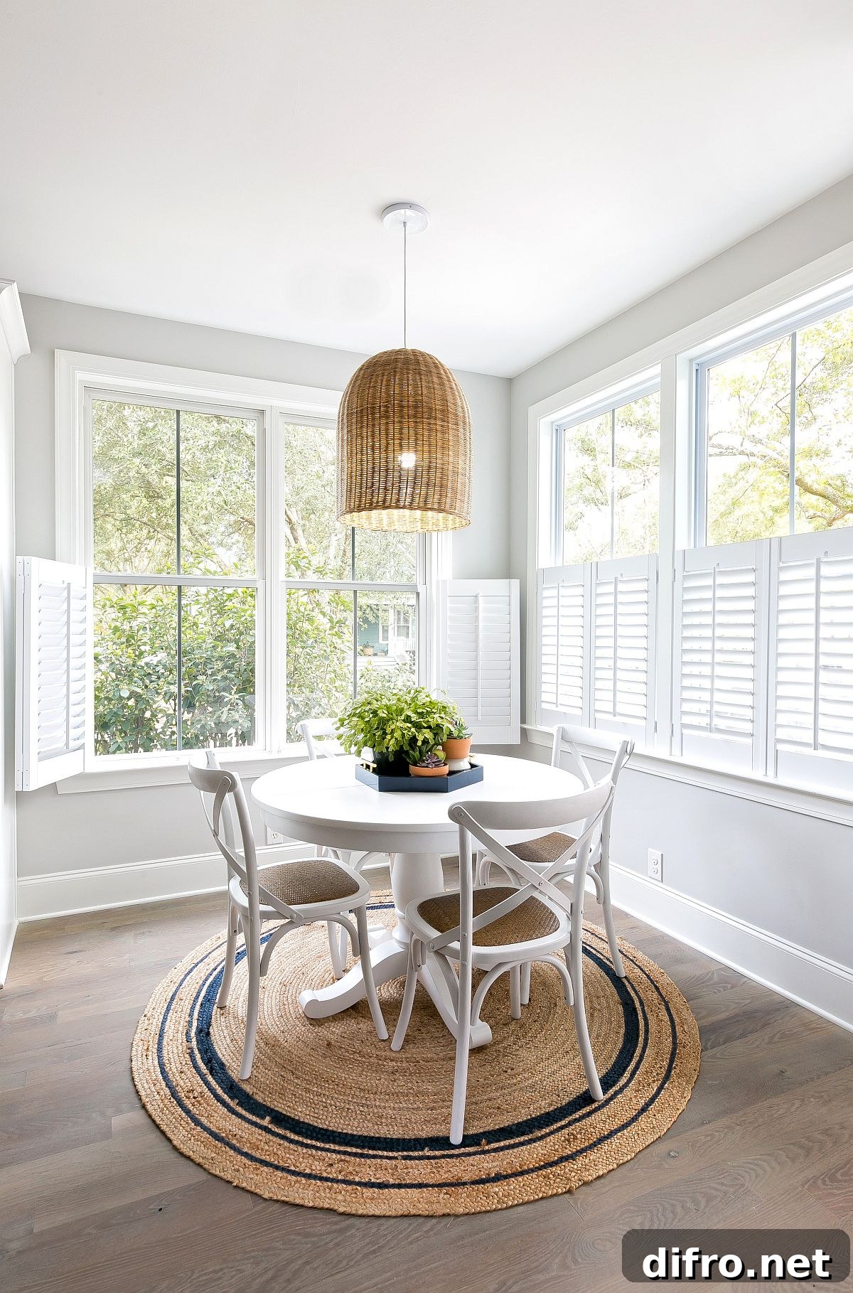 Coastal-chic dining with rug and lighting