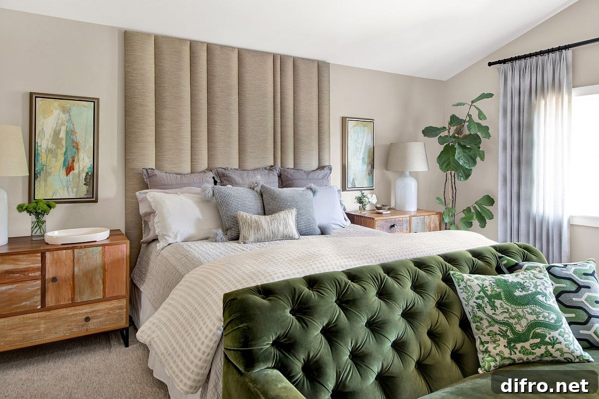 Bedroom with green accents, white backdrop and natural light