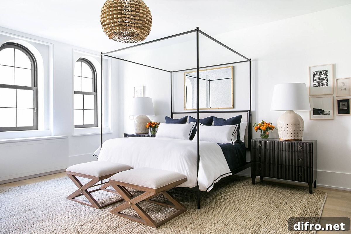 Minimal bedroom with a slim four-poster bed